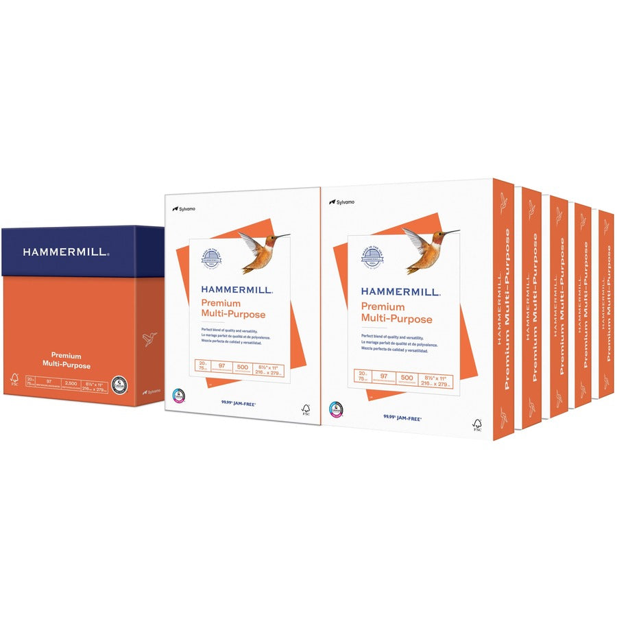 Hammermill Premium Multipurpose Paper - White - 97 Brightness - Letter - 8 1/2" x 11" - 20 lb Basis Weight - Smooth - Jam-free, Archival-safe, Acid-free - White - 500 Sheets per Ream - 10 / Carton