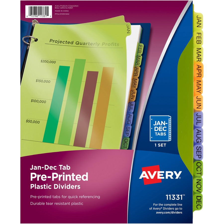 Avery&reg, Preprinted Monthly Tabs Plastic Dividers - 12 x Divider(s) - Jan-Dec - 12 Tab(s)/Set - 8.5" Divider Width x 11" Divider Length - 3 Hole Punched - Multicolor Plastic Divider - Multicolor Plastic Tab(s) - 12 / Set