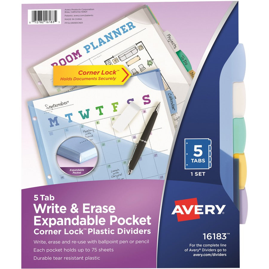Avery&reg, Corner Lock Write & Erase Plastic Dividers with Expandable Pockets - 5 x Divider(s) - 5 Write-on Tab(s) - 1/5 - 5 - 5 Tab(s)/Set - 9.3" Divider Width x 11.25" Divider Length - 3 Hole Punched - Multicolor Plastic, Translucent Divider - Multic...