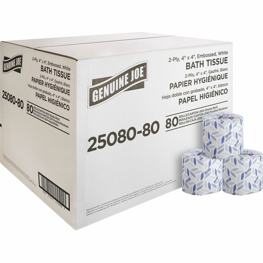 Genuine Joe Embossed Roll Bath Tissue - 2 Ply - 4" Width x 4" Length - 550 Sheets/Roll - 1 5/8" Core - White - 80 / Carton