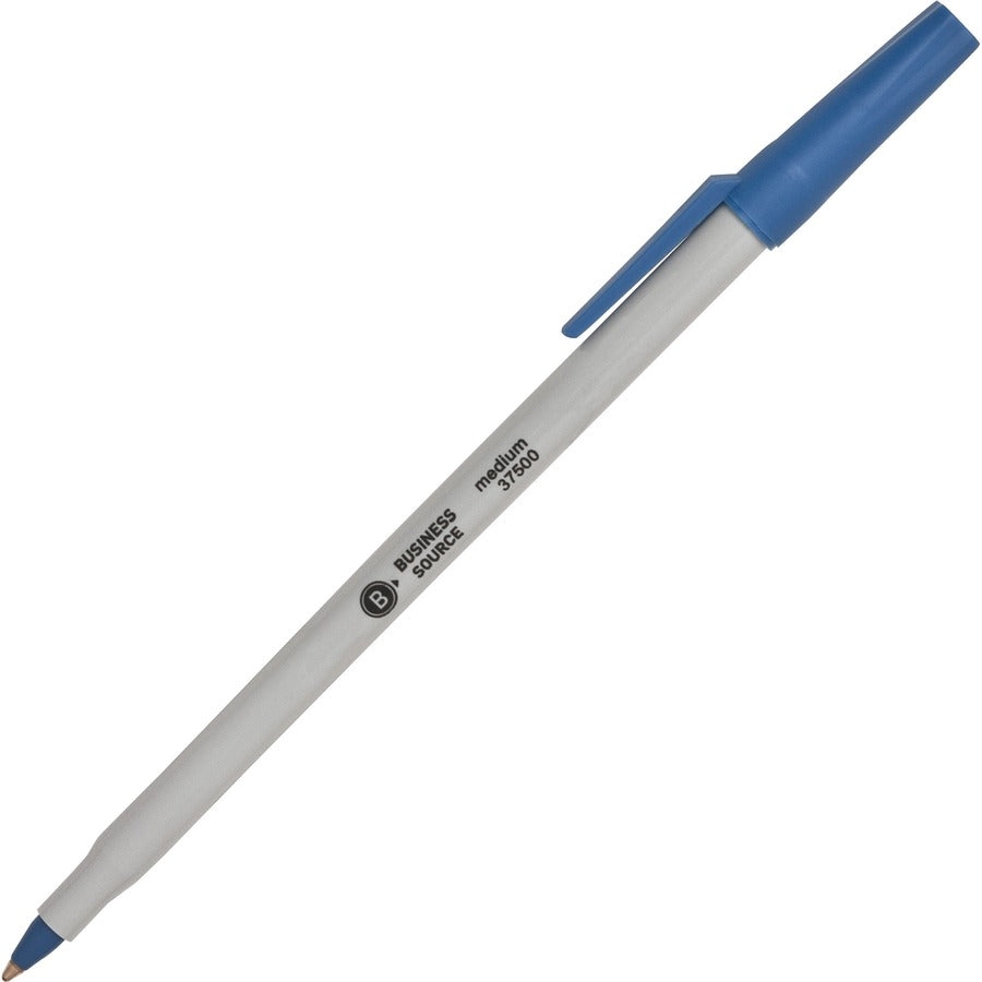 Business Source Medium Point Ballpoint Stick Pens - Blue Ink - Light Gray Barrel - Stainless Steel Tip - 1 Dozen