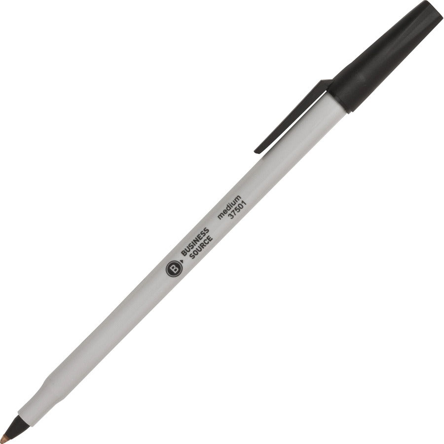 Business Source Medium Point Ballpoint Stick Pens - Black Ink - Light Gray Barrel - Stainless Steel Tip - 1 Dozen
