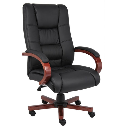 Boss CaressoftPlus High-Back Executive Chair - Black Seat Color - Vinyl Seat Material - Black, Cherry Wood Frame Color - Wood Frame Material - 5-star Base - 1 Each