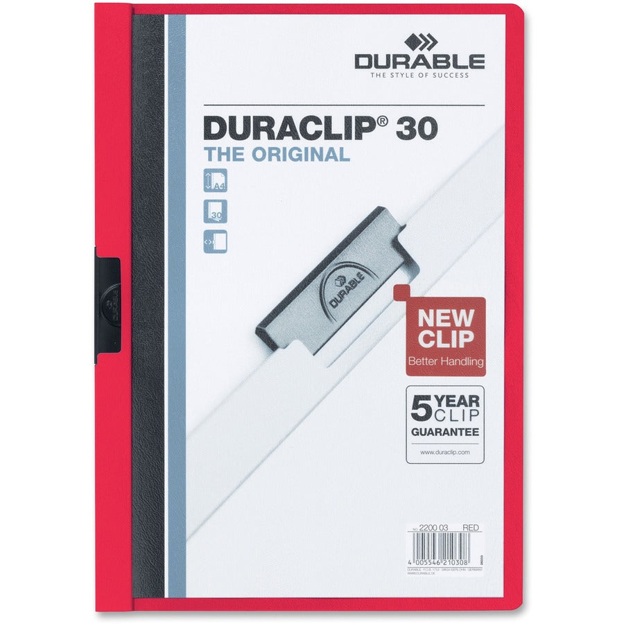 DURABLE DURACLIP Letter Report Cover - 8 1/2" x 11" - 30 Sheets Capacity - 1 Fastener - Vinyl - Red - 25 / Box