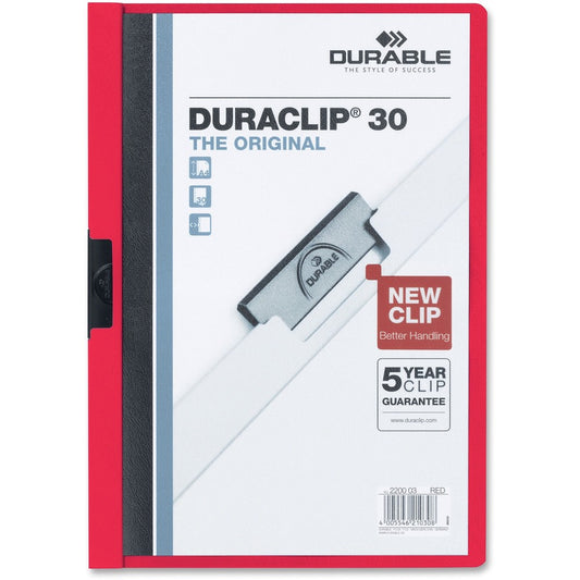 DURABLE DURACLIP Letter Report Cover - 8 1/2" x 11" - 30 Sheets Capacity - 1 Fastener - Vinyl - Red - 25 / Box
