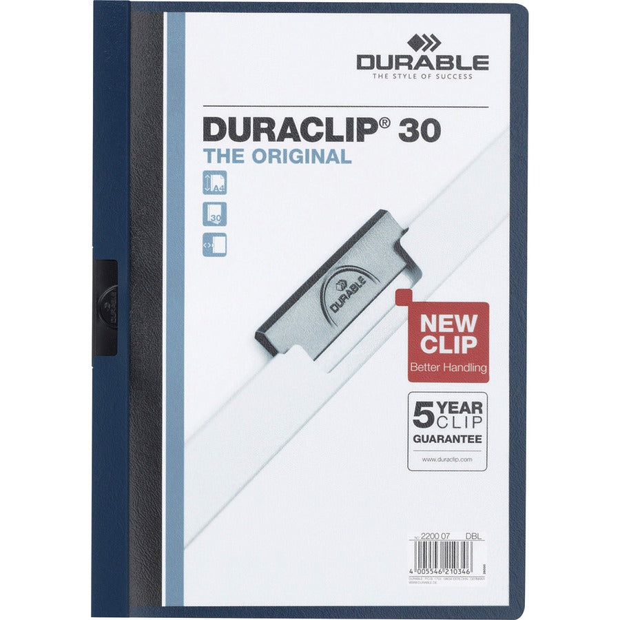 DURABLE DURACLIP Letter Report Cover - 8 1/2" x 11" - 30 Sheets Capacity - 1 Fastener - Vinyl - Navy - 1 Each