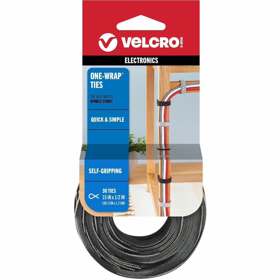 VELCRO&reg, ONE-WRAP Thin Ties 15in x 1/2in Ties Gray & Black 30 ct - Cable Tie - Black, Gray - 25 lb Loop Tensile - 15" Length - 30 / Pack