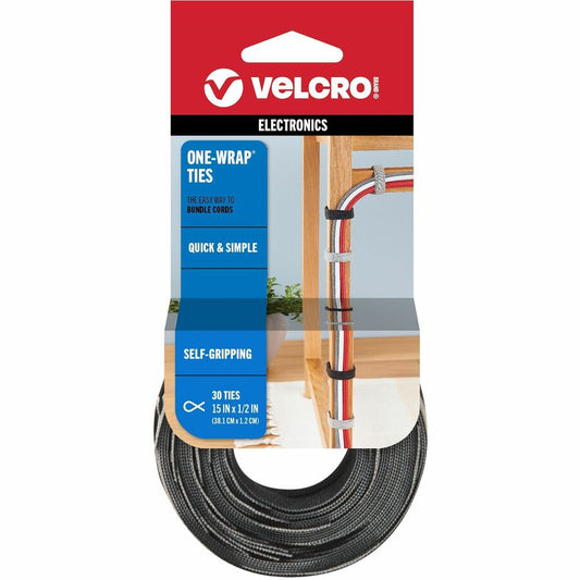 VELCRO, ONE-WRAP Thin Ties 15in x 1/2in Ties Gray & Black 30 ct - Cable Tie - Black, Gray - 25 lb Loop Tensile - 15" Length - 30 / Pack