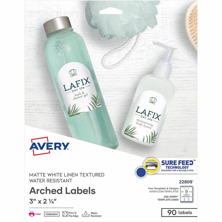 Avery&reg, Arched Labels - Sure Feed - Print-to-the-Edge - 3" Width x 2 1/4" Length - Permanent Adhesive - Arched Rectangle - Laser - Matte White - Paper - Water Resistant - 9 / Sheet - 10 Total Sheets - 90 Total Label(s) - 90 / Pack