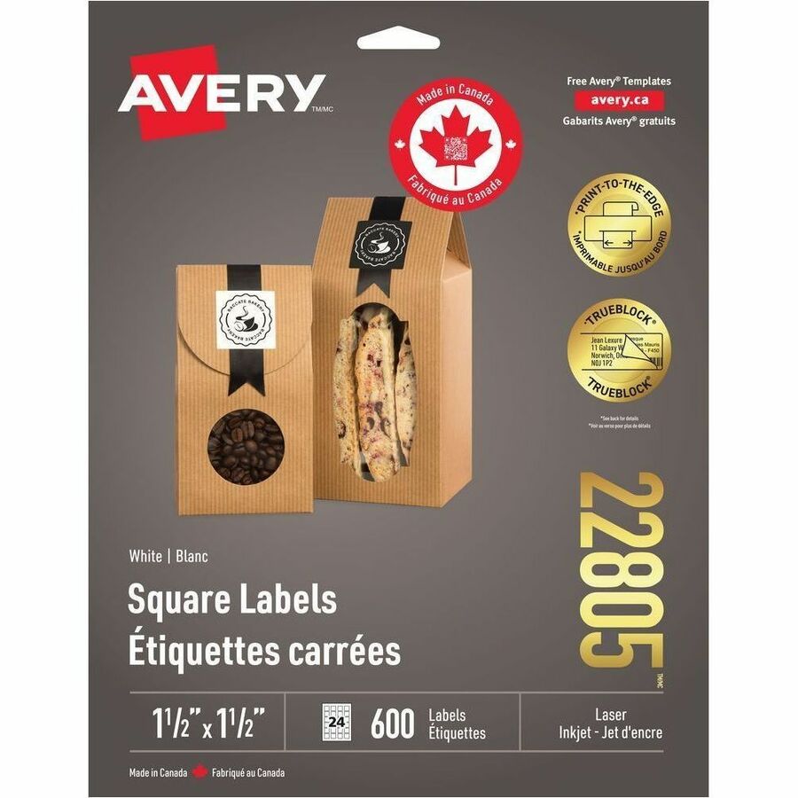 Avery Matte White Square Labels - - HeightPermanent Adhesive - Square - Laser, Inkjet - Matte White - Paper - 24 / Sheet - 600 / Pack