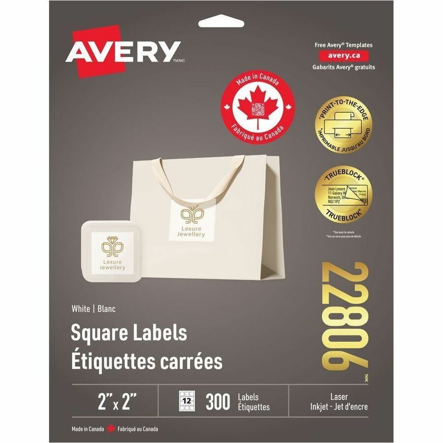 Avery Matte White Square Labels - - HeightPermanent Adhesive - Square - Laser, Inkjet - Matte White - Paper - 12 / Sheet - 300 / Pack