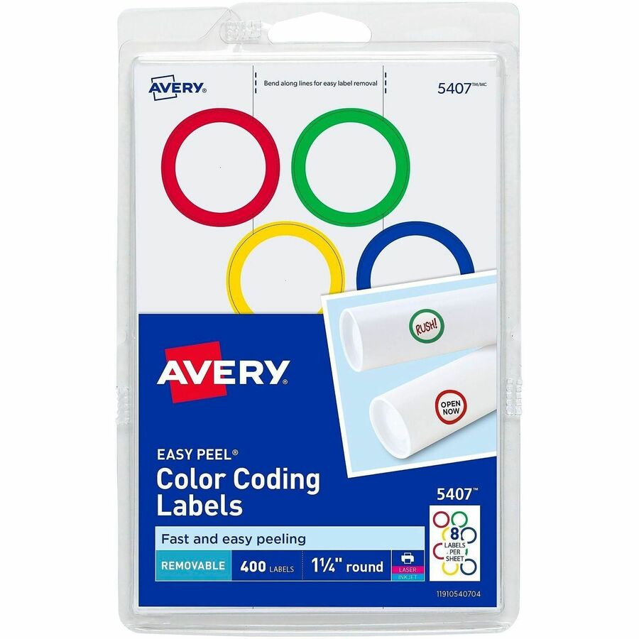 Avery&reg, Color-Coding Labels, Removable Adhesive, 1-1/4" Diameter, 400 Labels - 1 1/4" Diameter - Removable Adhesive - Round - Laser, Inkjet - Matte - Assorted, Green, Red, Blue - Paper - 8 / Sheet - 50 Total Sheets - 400 Total Label(s) - 400/Pack...