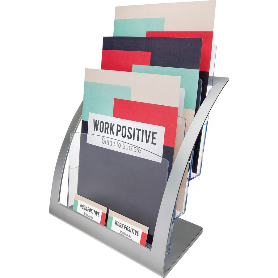 Deflecto Contemporary Literature Holder - 3 Tier(s) - 13.31" Height x 11.24" Width x 6.94" Depth - Floor - Silver - 1 Each