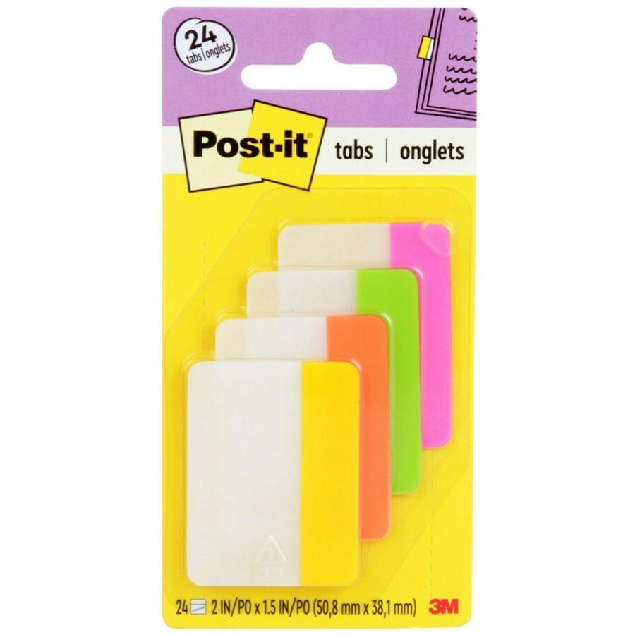 Post-it&reg, Dividing Tabs - Write-on Tab(s) - 1.50" Tab Height x 2" Tab Width - Yellow, Orange, Green, Pink Tab(s) - Durable, Repositionable, Wear Resistant - 24 / Pack