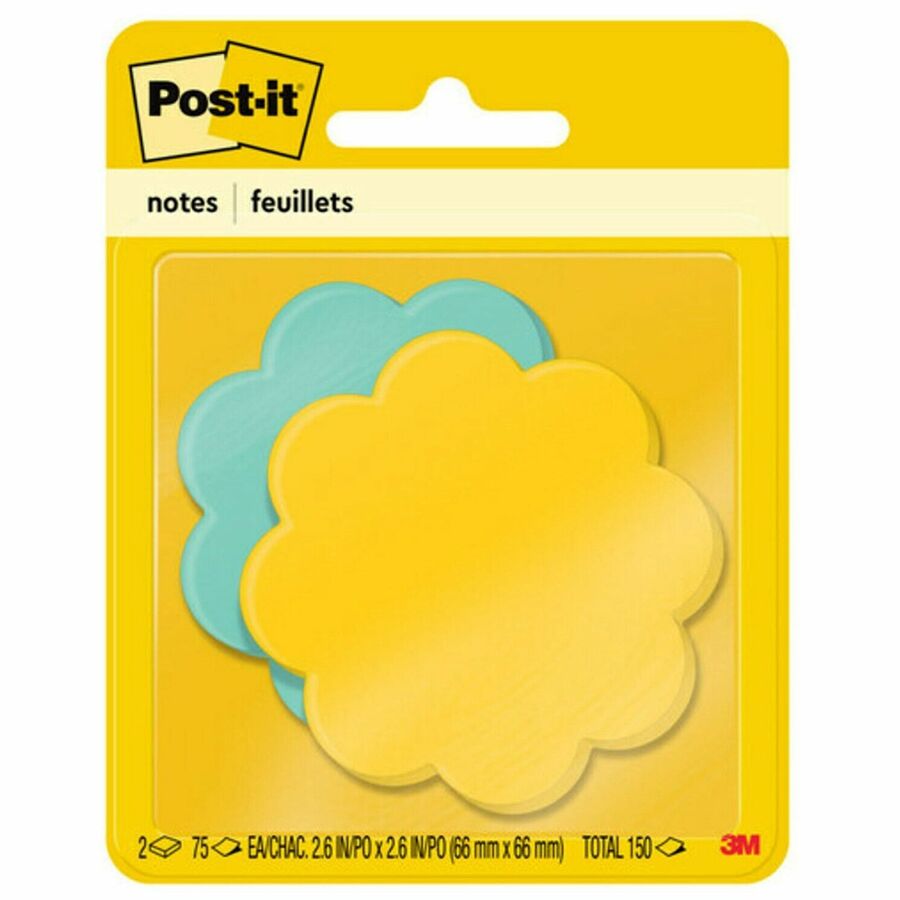 Post-it&reg, Super Sticky Die-Cut Notes - 150 x Assorted - 3" Flag/Note Width x 3" Flag/Note Length - Daisy - Yellow, Blue - Self-adhesive - 2 / Pack