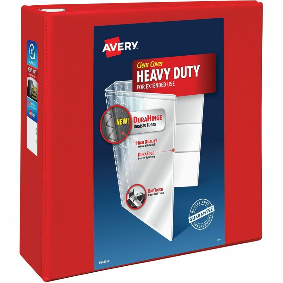 Avery&reg, Heavy-Duty View Binders with One Touch EZD Rings - 4" Binder Capacity - Letter - 8 1/2" x 11" Sheet Size - 780 Sheet Capacity - 780 x 4" Ring - Fastener: Ring - Pocket: 4, Internal - Polypropylene - Red - Adhesive, Clear Overlay, Heavy Duty...