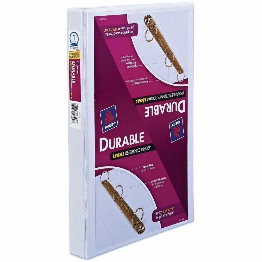 Avery Legal Sized View Binder - 1" Binder Capacity - Legal - 8 1/2" x 14" Sheet Size - 175 Sheet Capacity - 3 x 1" Ring - Fastener: Round Ring - Pocket: 2, Internal - DuraHinge design - Polypropylene - White - Durable, Label Holder, Flexible, Pocket, C...