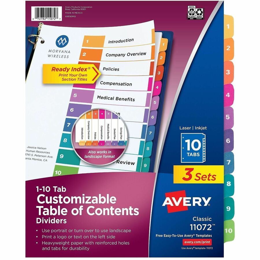 Avery Dividers, 10 Tabs, Ready Index (3 Sets of 11072) - 30 x Divider(s) - 30 Tab(s) - Digit - 1-10 - 10 Tab(s)/Set - 8.5" Divider Width x 11" Divider Length - 3 Hole Punched - White Paper Divider - Multicolor Paper Tab(s) - 0% - Hole-punched, Printabl...