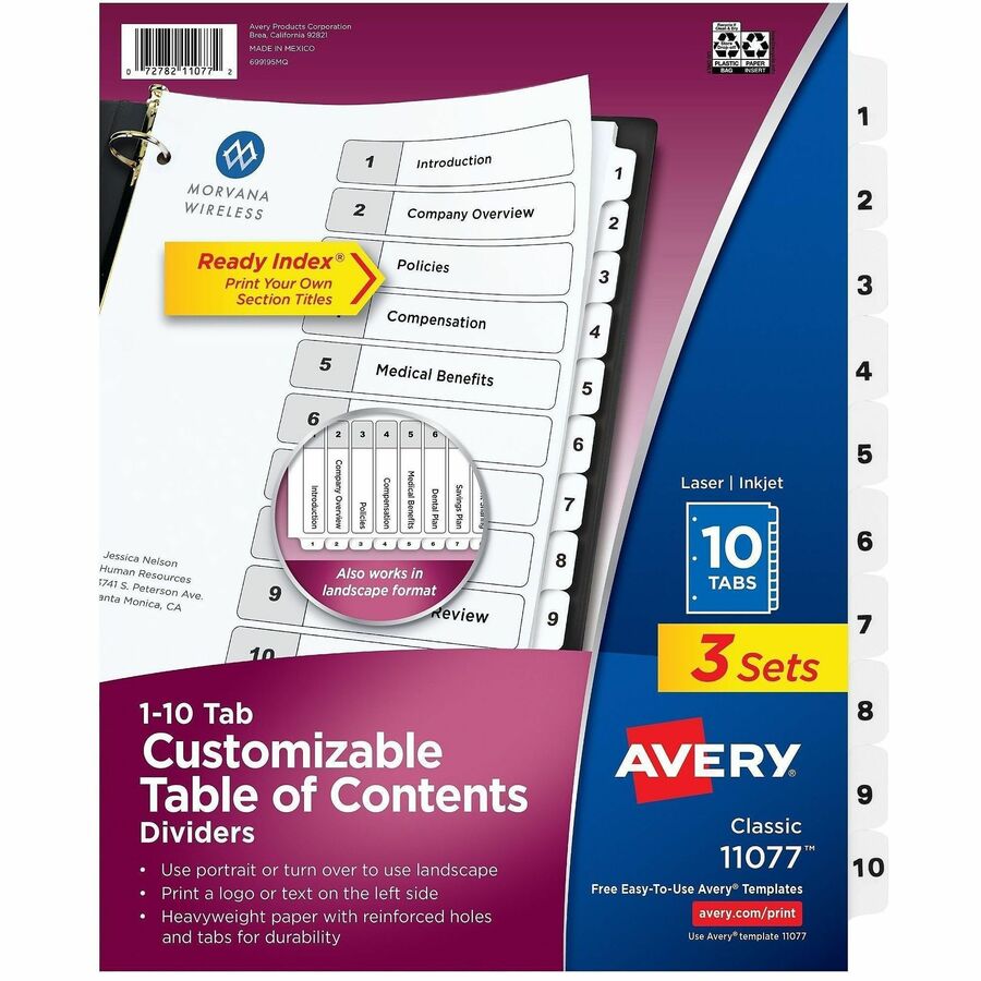 Avery Dividers, 10 Tabs, Ready Index (3 Sets of 11077) - 30 x Divider(s) - 30 Tab(s) - Digit - 1-10 - 10 Tab(s)/Set - 8.5" Divider Width x 11" Divider Length - 3 Hole Punched - White Paper Divider - White Paper Tab(s) - 0% - Hole-punched, Printable, Ho...