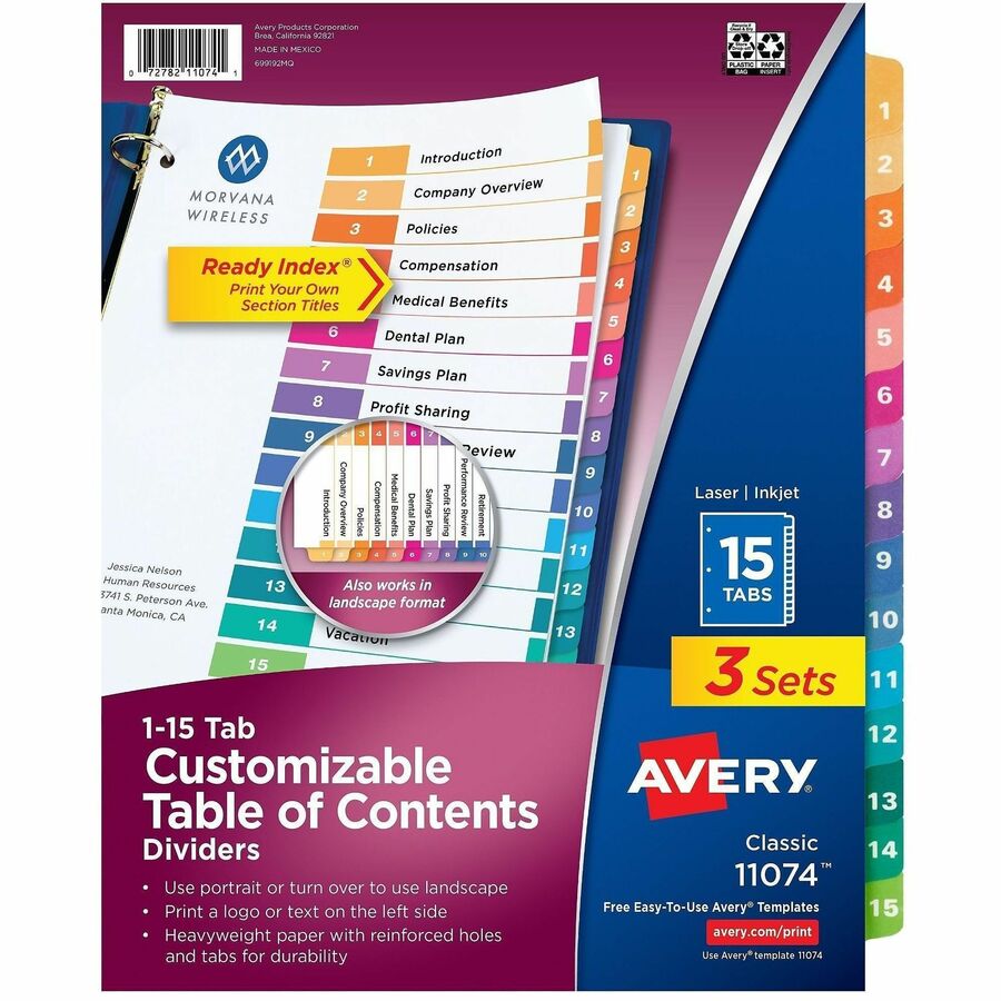 Avery Dividers, 15 Tabs, Ready Index, (3 Sets of 11074) - 45 x Divider(s) - 45 Tab(s) - Digit - 1-15 - 15 Tab(s)/Set - 8.5" Divider Width x 11" Divider Length - 3 Hole Punched - White Paper Divider - Multicolor Paper Tab(s) - Hole-punched, Printable, R...