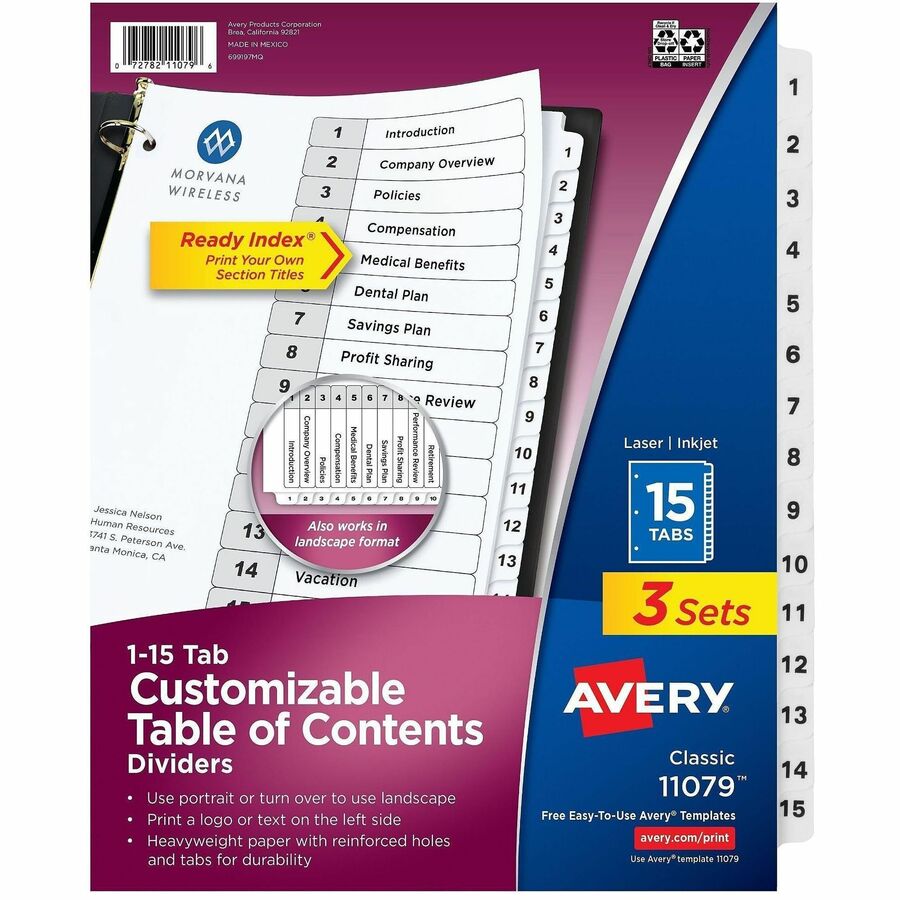 Avery Dividers, 15 Tabs, Ready Index (3 Sets of 11079) - 45 x Divider(s) - 45 Tab(s) - Digit - 1-15 - 15 Tab(s)/Set - 8.5" Divider Width x 11" Divider Length - 3 Hole Punched - White Paper Divider - White Paper Tab(s) - Hole-punched, Printable, Pre-pri...