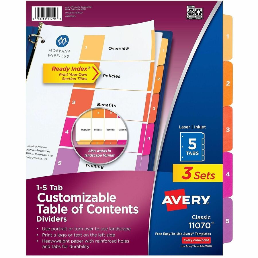 Avery Dividers, 5 Tabs, Ready Index (3 Sets of 11070) - 15 x Divider(s) - 15 Tab(s) - Digit - 1-5 - 5 Tab(s)/Set - 8.5" Divider Width x 11" Divider Length - 3 Hole Punched - White Paper Divider - Multicolor Paper Tab(s) - Hole-punched, Printable, Reinf...