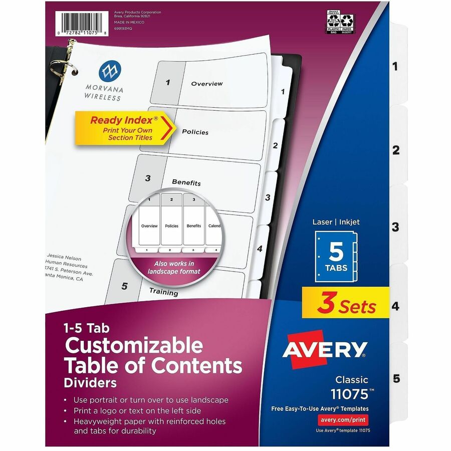 Avery Dividers, 5 Tabs, Ready Index (3 Sets of 11075) - 15 x Divider(s) - 15 Tab(s) - Digit - 1-5 - 5 Tab(s)/Set - 8.5" Divider Width x 11" Divider Length - 3 Hole Punched - White Paper Divider - White Paper Tab(s) - 0% - Hole-punched, Printable, Sturd...