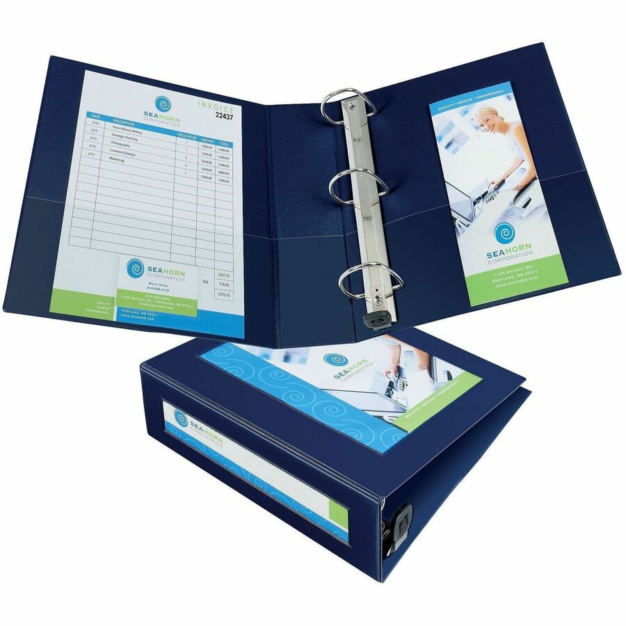 Avery&reg, Heavy-Duty Framed View 3-Ring Binder - 3" Binder Capacity - Letter - 8 1/2" x 11" Sheet Size - 670 Sheet Capacity - 670 x 3" Ring - Fastener: Ring - Pocket: 2, Internal - Vinyl - Navy Blue - Recycled - Adhesive, Business Card Holder, Clear O...
