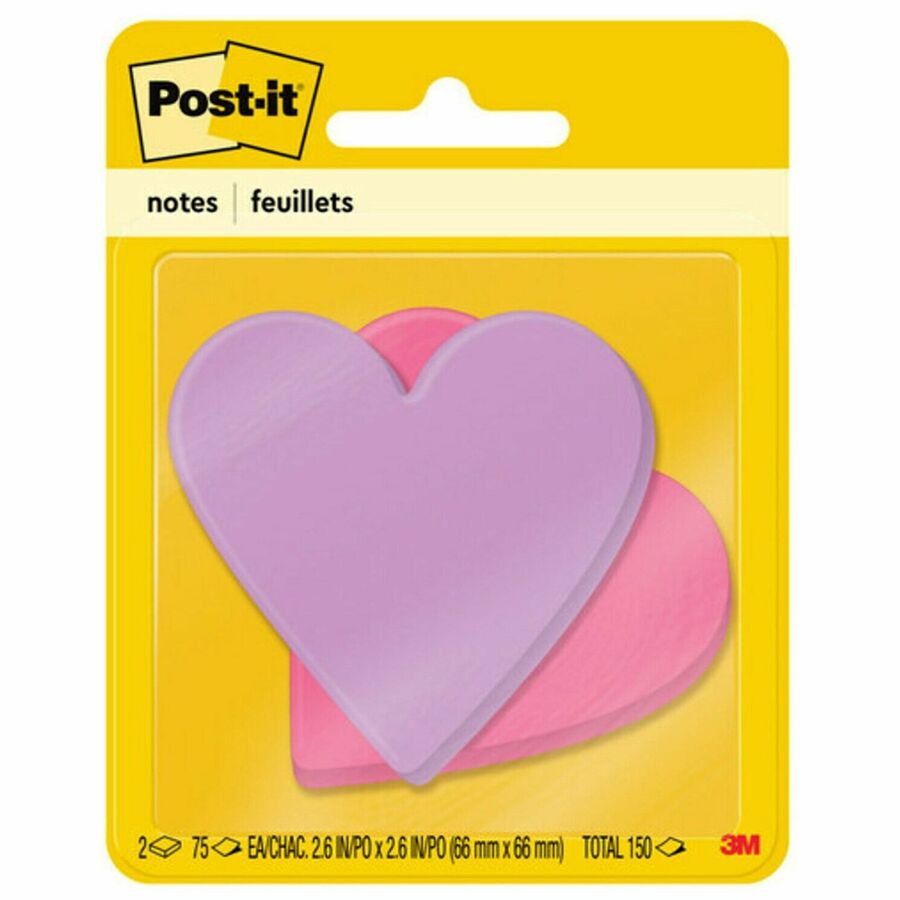 Post-it&reg, Die-Cut Notes - 3" Flag/Note Width x 3" Flag/Note Length - Star, Heart - 75 Sheets per Pad - Unruled - Purple, Pink - Self-adhesive, Self-stick - 1 Pack