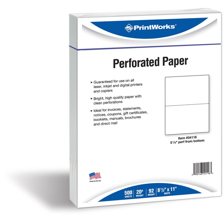 Printworks Perforated Office Paper - Letter - 8 1/2" x 11" - 20 lb Basis Weight - Sustainable Forestry Initiative (SFI) - Perforated - White - 1 Ream