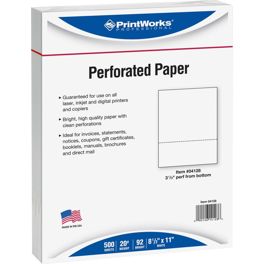 Printworks Pre-Perforated Paper for Invoices, Statements, Gift Certificates & More - 1-Hole Punched - Letter - 8 1/2" x 11" - 20 lb Basis Weight - Sustainable Forestry Initiative (SFI) - Perforated - White - 500 / Ream