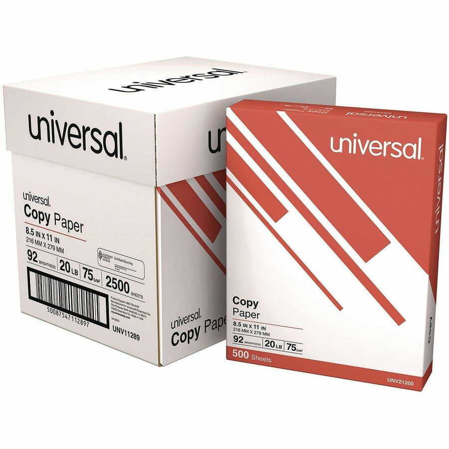 Universal Copy Paper - 92 Brightness - Letter - 8 1/2" x 11" - 20 lb Basis Weight - White - 2500 Sheets - 500 Sheets per Ream - 5 / Carton