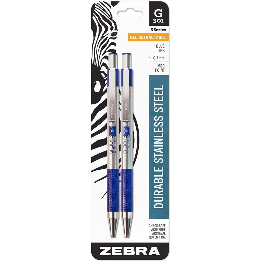 Zebra STEEL 3 Series G-301 Retractable Gel Pen - Refillable - Retractable - Blue Ink - Gel-based - Stainless Steel Barrel - 2 / Pack