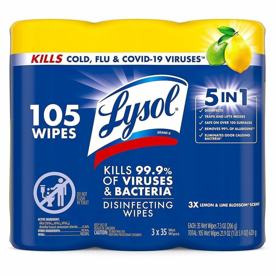 Lysol Disinfecting Wipes 3-pack - For Multi Surface - Wipe - Lemon Scent - Recommended For: Bacteria Remover, Virus Remover, Allergen Remover, Pet Dander Remover, Dust Mite Remover, Pollen Remover - Disinfectant, Antibacterial - White - 35/Tub - 35 / Pack