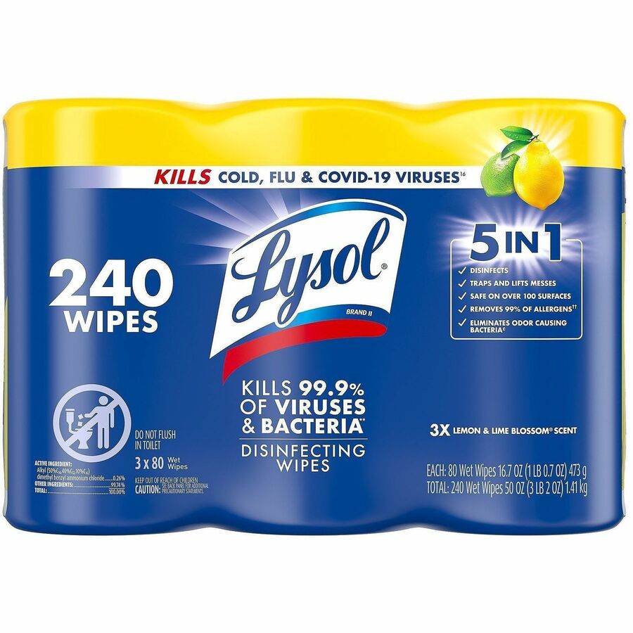Lysol Lemon/Lime Disinfecting Wipes - For Multi Surface, Multipurpose - Wipe - Lemon, Lime Blossom Scent - Recommended For: Virus Remover, Bacteria Remover - Pre-moistened, Deodorize, Disinfectant, Anti-bacterial - White - 80/Tub - 3 / Pack