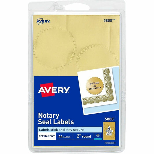 Avery, Printable Gold Foil Notarial Seals - Round - 2" Diameter - Permanent - For Award, Certificate, Envelope, Legal Document - Gold - 44 / Pack
