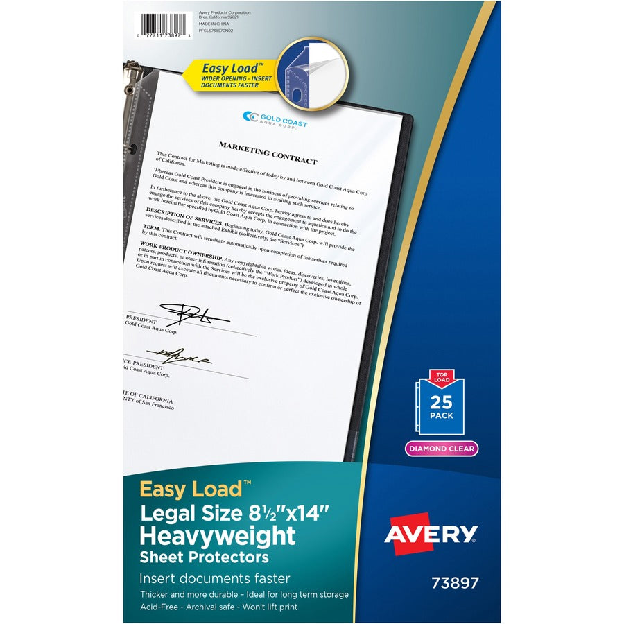Avery&reg, Diamond Clear Sheet Protectors - 1 x Sheet Capacity - For Legal 8 1/2" x 14" Sheet - 3 x Holes - 3 x Rings - Ring Binder - Top Loading - Rectangular - Clear - Polypropylene - 25 / Pack