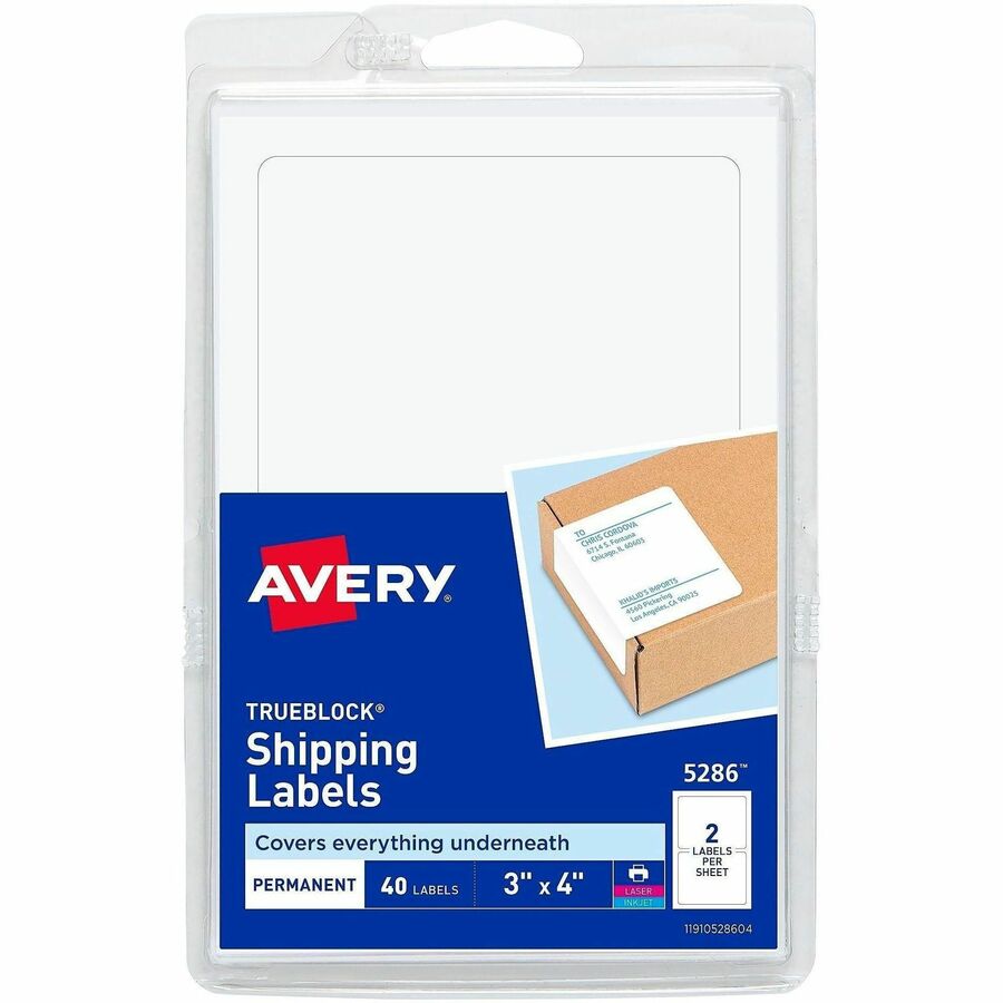 Avery&reg, TrueBlock Permanent Shipping Labels - 3" Height x 4" Width - Permanent Adhesive - Rectangle - Laser, Inkjet - Matte - White - Paper - 2 / Sheet - 360 Total Sheets - 720 Total Label(s) - 40/Pack - 1 Carton