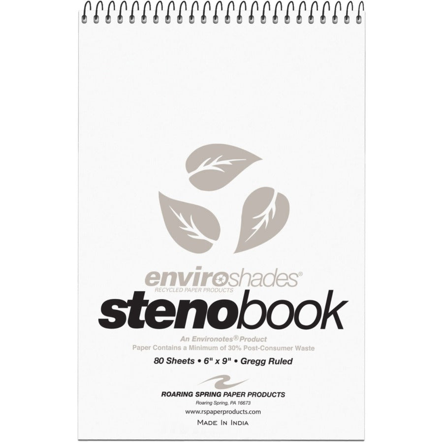 Roaring Spring Enviroshades Recycled Spiral Steno Memo Book - 80 Sheets - 160 Pages - Printed - Spiral Bound - Both Side Ruling Surface - Gregg Ruled Front Ruling - 0.50" Ruled - Gregg Ruled Red Margin - 15 lb Basis Weight - 56 g/m², Grammage - 9"...