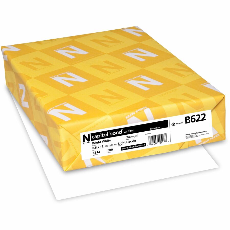 Neenah Capitol Bond Paper - White - 96 Brightness - Letter - 8 1/2" x 11" - 24 lb Basis Weight - Light Cockle - Archival-safe, Watermarked - White - 500 / Ream