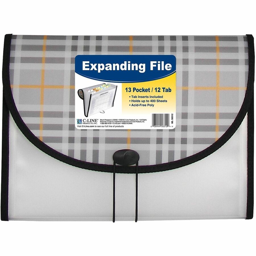 C-Line Letter Expanding File - 8 1/2" x 11" - 1 1/2" Expansion - 13 Pocket - Polypropylene, Plaid - Durable, Archival-safe, Elastic Closure - 1 Each
