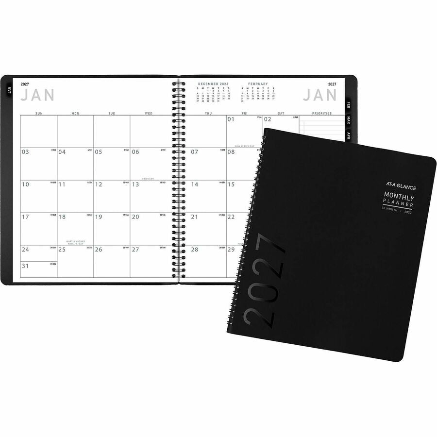 At-A-Glance Contemporary Planner - Large - Julian Dates - Monthly - 1 Year - January 2027 to December 2027 - 1 Month Double Page Layout - 9" x 11" Sheet Size - White Sheet - Wire Bound - Desktop - Faux Leather - Black Cover - 9.5" Width - 1 Each