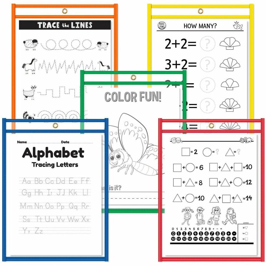 C-Line Reusable Dry Erase Pockets, Assorted Primary Colors, 9 x 12, 10/PK - Red, Orange, Yellow, Green, Blue Frame - Rectangle - Reusable, Heavyweight, Easy to Clean, Eyelet - 10 / Pack