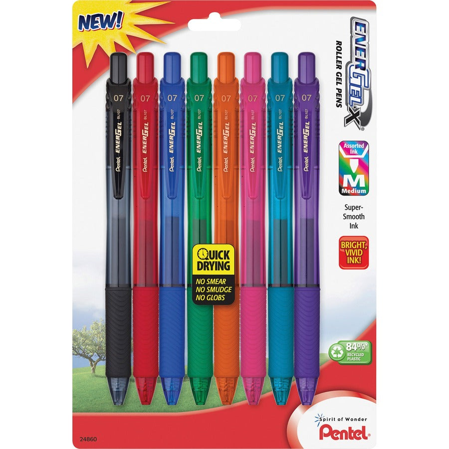EnerGel EnerGel-X Retractable Gel Pens - Refillable - Retractable - Assorted Ink - Gel-based - Assorted Barrel - Metal Tip - 8 / Pack