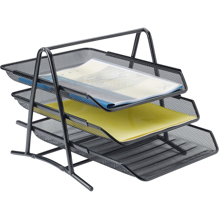 Lorell Mesh 3-Tier Mesh Document Tray - 11" Height x 10.75" Width x 14.25" Depth - Black - Steel - 1 Each