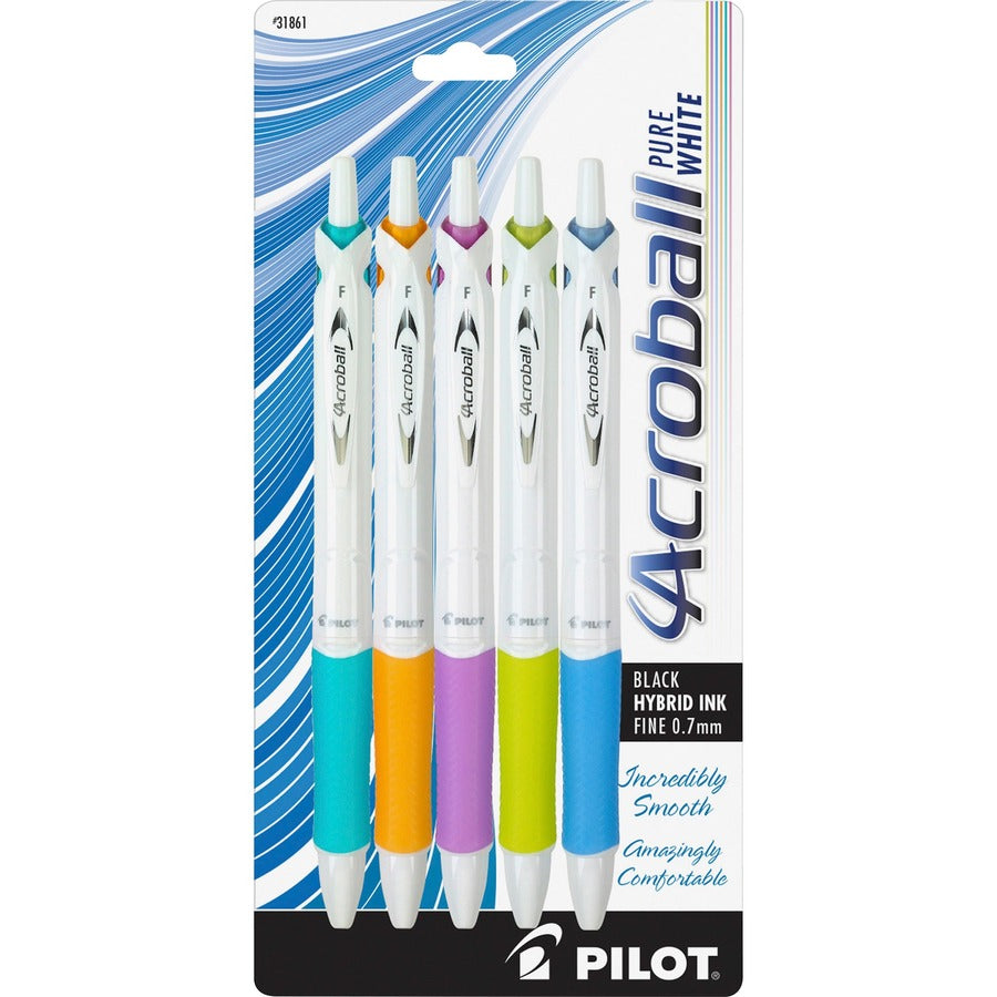 Pilot .7mm Retractable Pens - Refillable - Retractable - Black Ink - Advanced Ink - White Barrel - Tungsten Carbide Tip - 5 / Pack