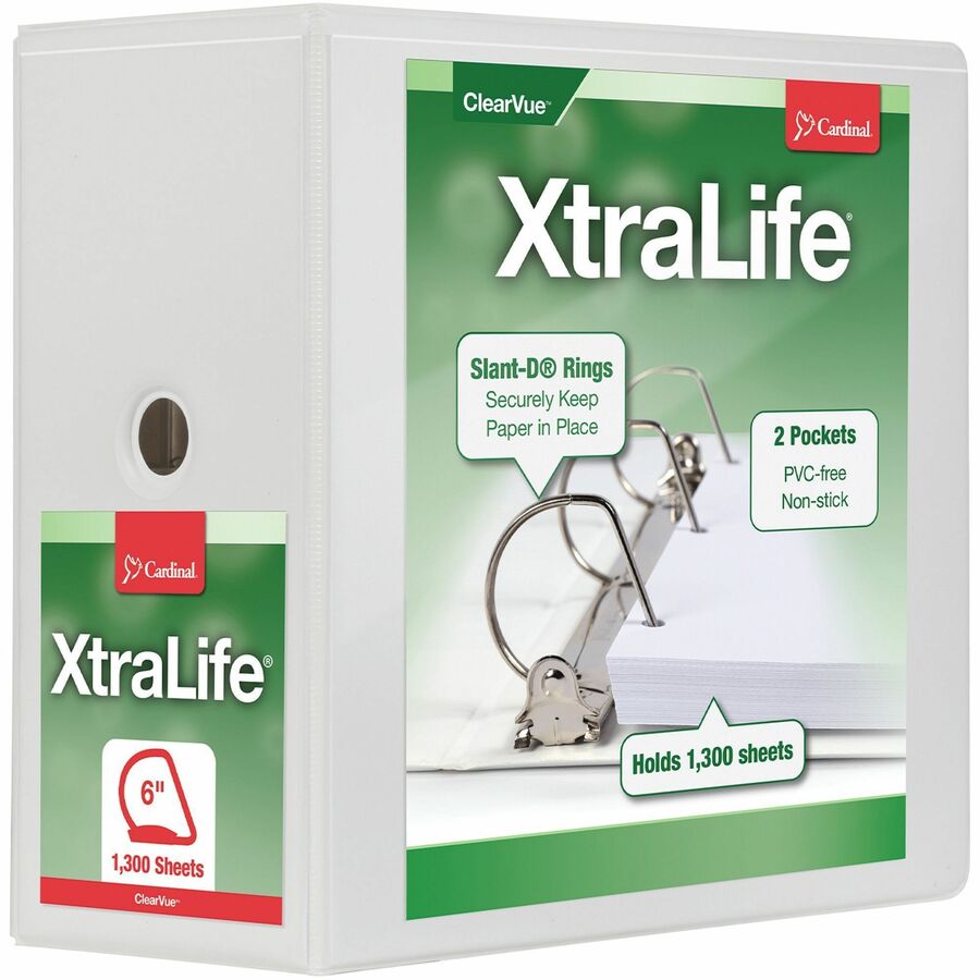 Cardinal&reg, Xtralife ClearVue Locking Slant-D Binder - 6" Binder Capacity - Letter - 8 1/2" x 11" Sheet Size - 1300 Sheet Capacity - 5 1/2" Spine Width - 3 Ring - Fastener: D-Ring - Pocket: 2, Inside Front & Back - Polyolefin - White - 2.25 lb - Recy...
