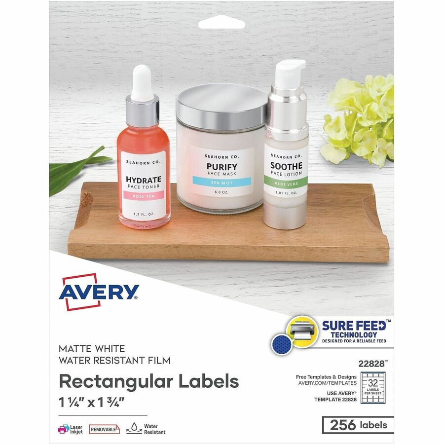 Avery&reg, Removable Durable Rectangle Labels - x 1 1/4" Width x 1 3/4" Length - Removable Adhesive - Rectangle - Inkjet, Laser - Matte White - White - Film, Polyester - Water Resistant - 32 / Sheet - 8 Total Sheets - 256 Total Label(s) - For Label Pri...