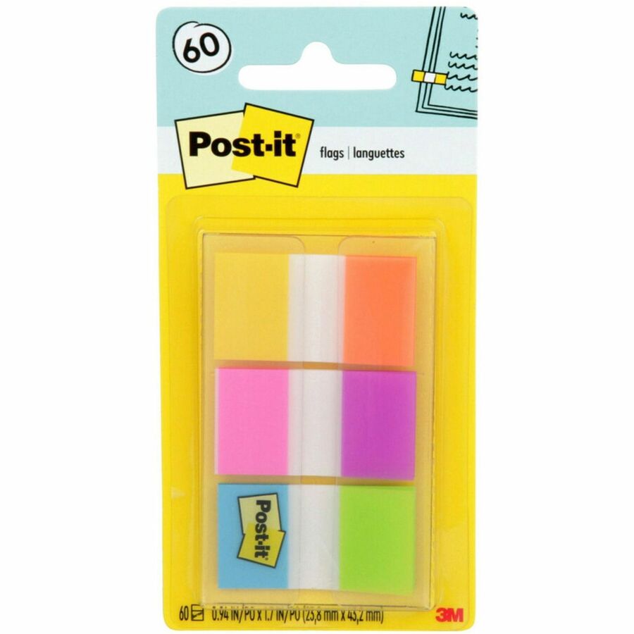 Post-it&reg, Flags - 60 - 1" Flag/Note Width x 1 3/4" Flag/Note Length - Rectangle - Unruled - Orange, Blue, Green, Pink, Yellow, Purple, Assorted - Reusable, Repositionable, Self-adhesive, Removable - Dispenser Included - 60 / Pack