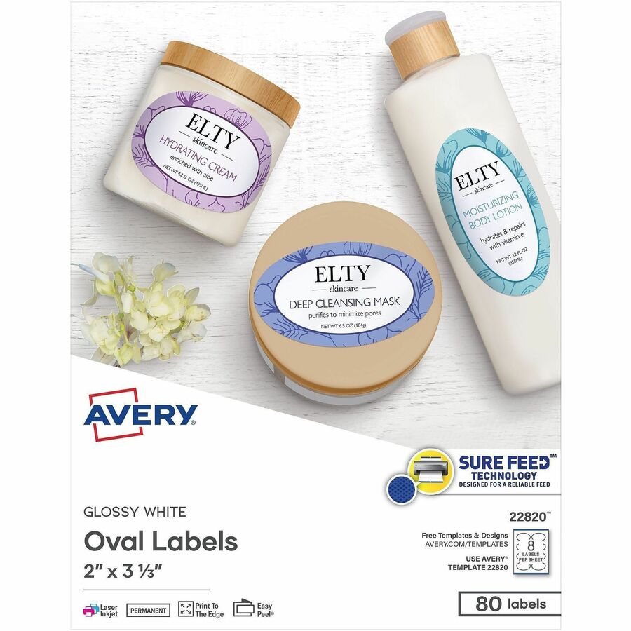 Avery&reg, Oval Labels, 2" x 3-1/3" , Glossy White, 80ct (22820) - x 2" Width x 3 19/64" Length - Permanent Adhesive - Oval - Inkjet, Laser - Glossy - White - Paper - 8 / Sheet - 10 Total Sheets - 80 Total Label(s) - For Label Printer - 80 / Pack